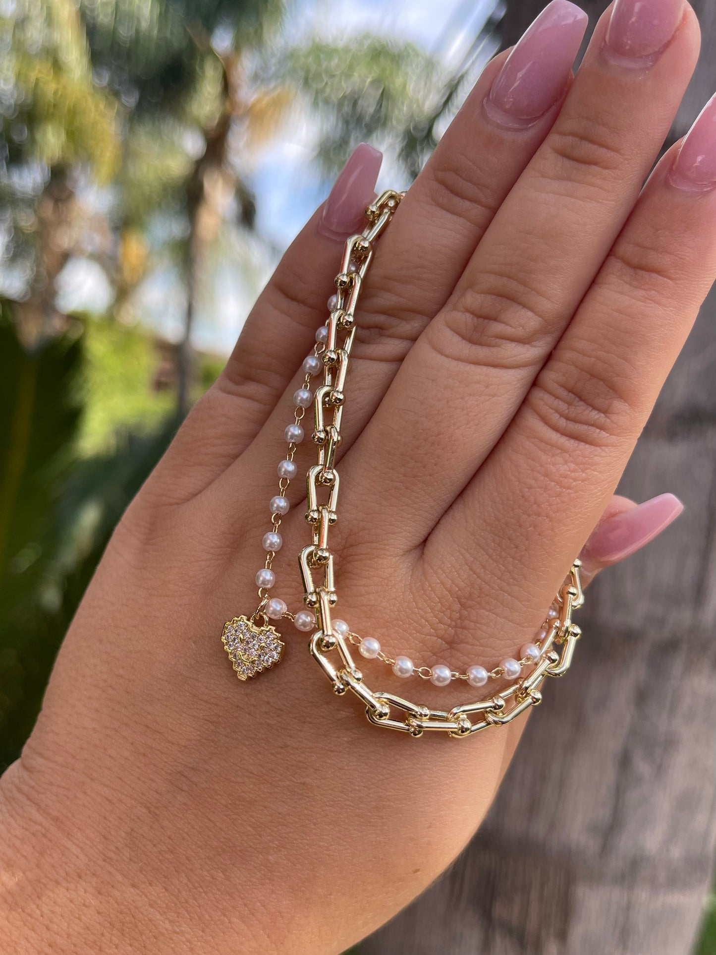 U link and pearls layered bracelet