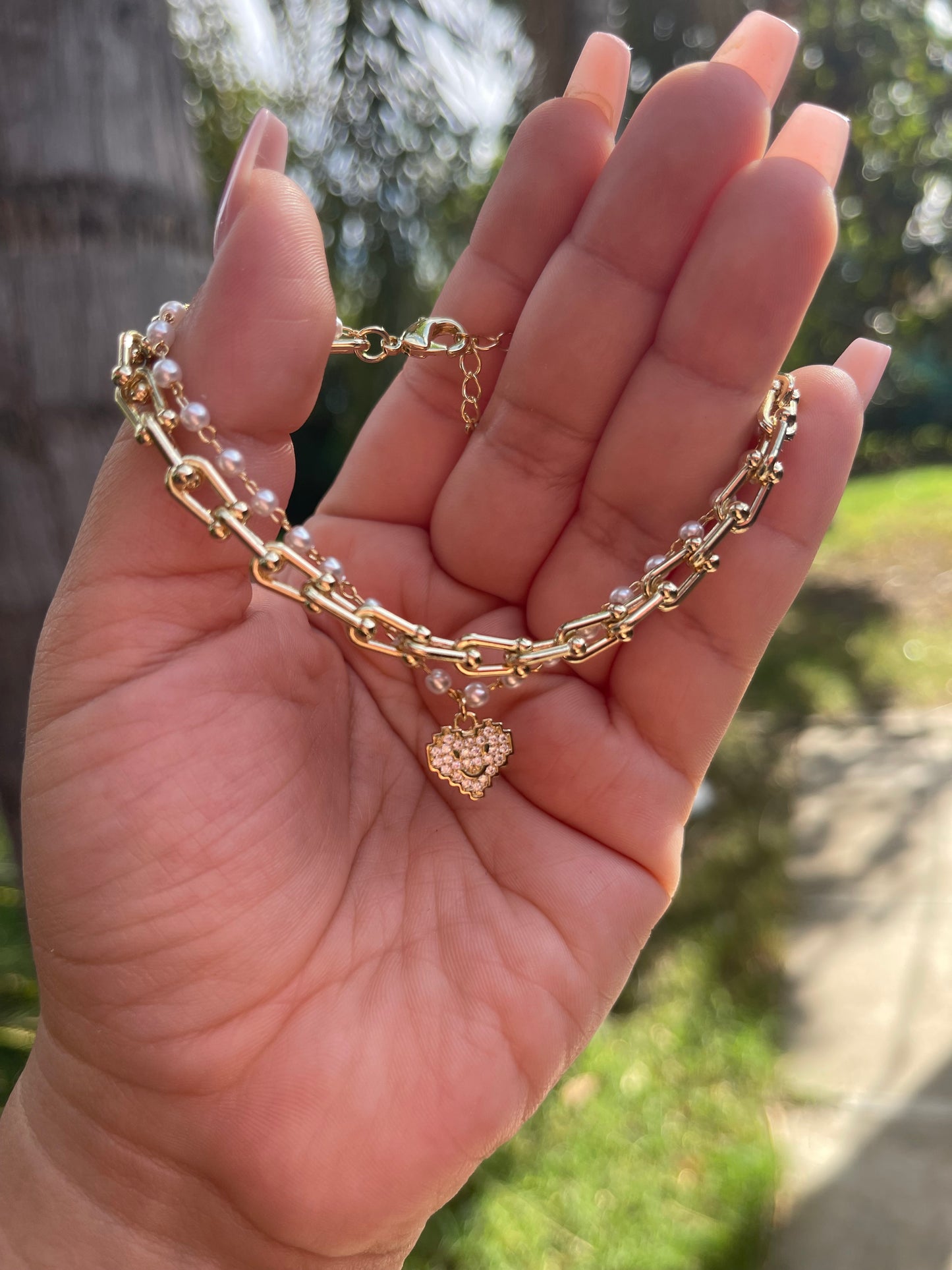 U link and pearls layered bracelet